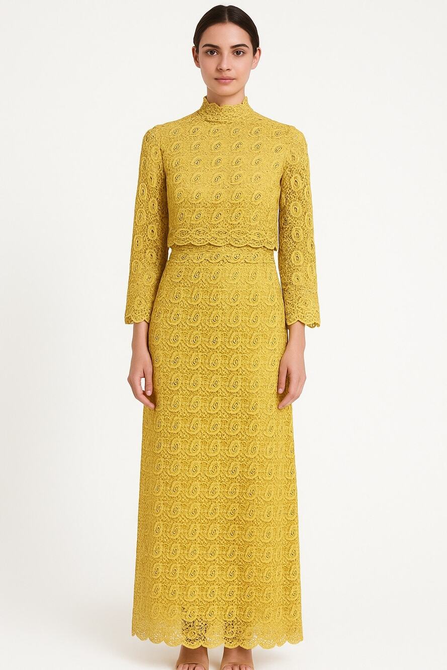 American vintage OOAK chic yellow crochet gemstone high neck maxi dress medium